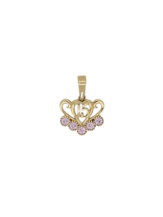 10K gold pendant. Quinceañera. Hearts with pink CZ stones