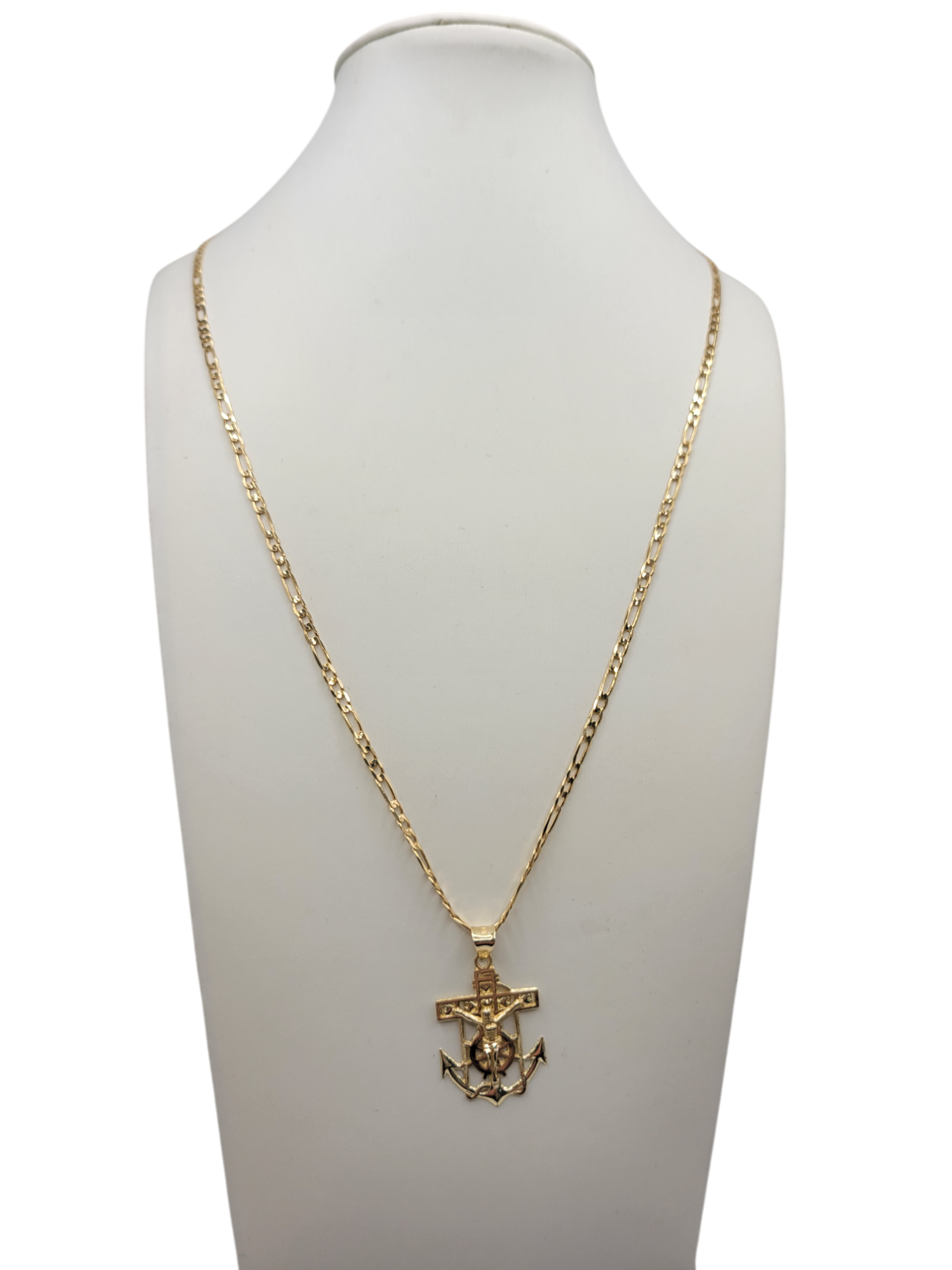 10K Gold Figaro Chain. Anchor Pendant. 22in. 2.5mm