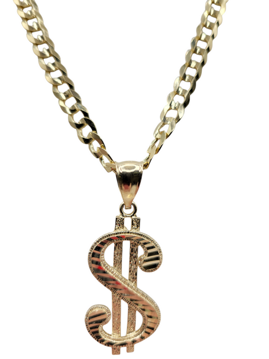 10K gold Cuban chain. Money symbol pendant. 24 inches. 6 mm.