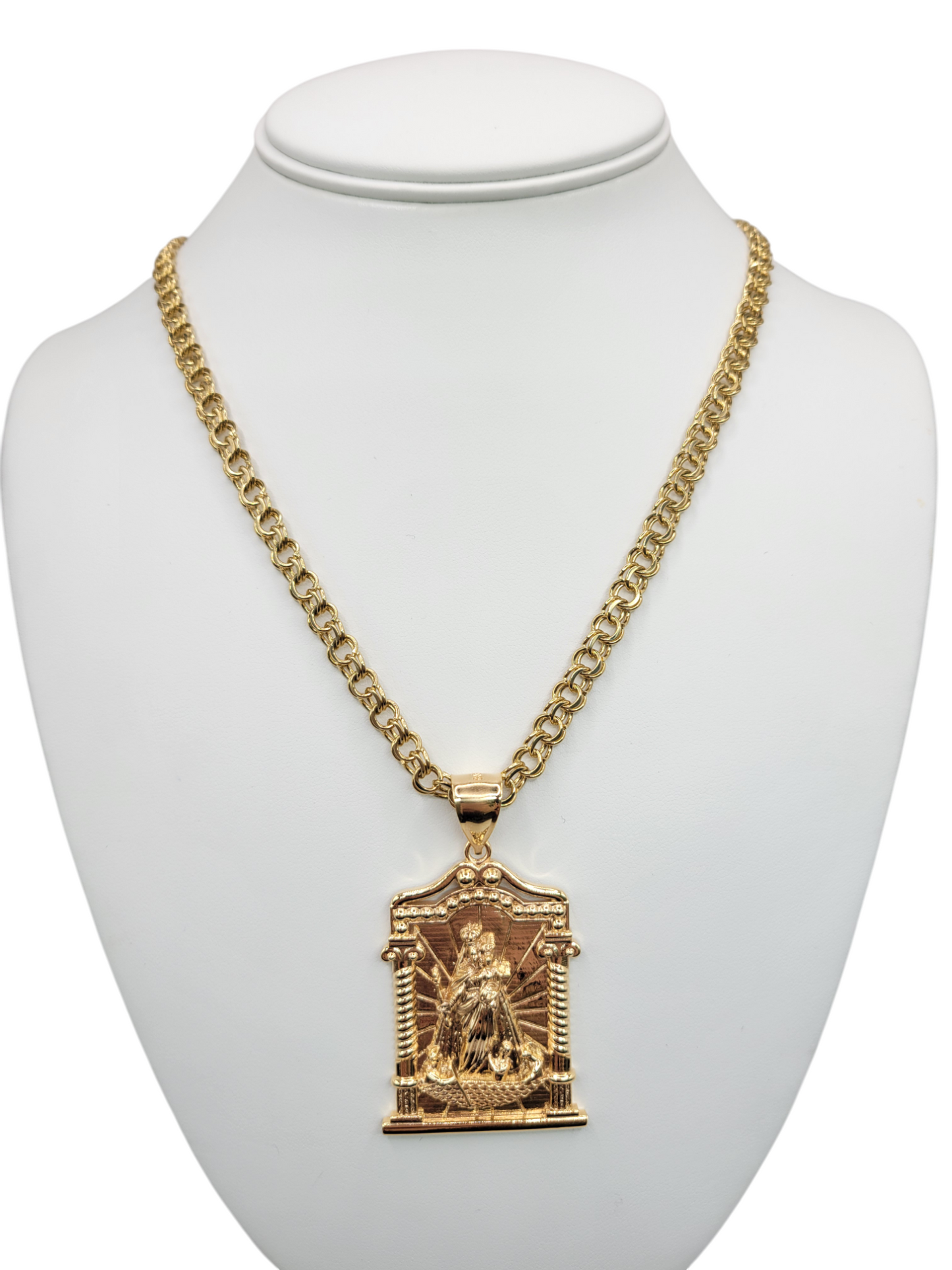 10K gold chain. Chinese weave. Virgin of Charity pendant. 24in. 6mm