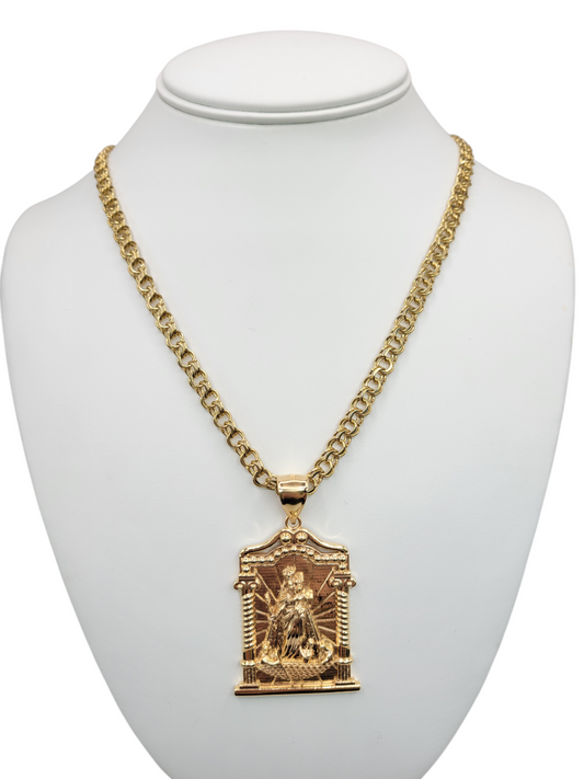 10K gold chain. Chinese weave. Virgin of Charity pendant. 24in. 6mm