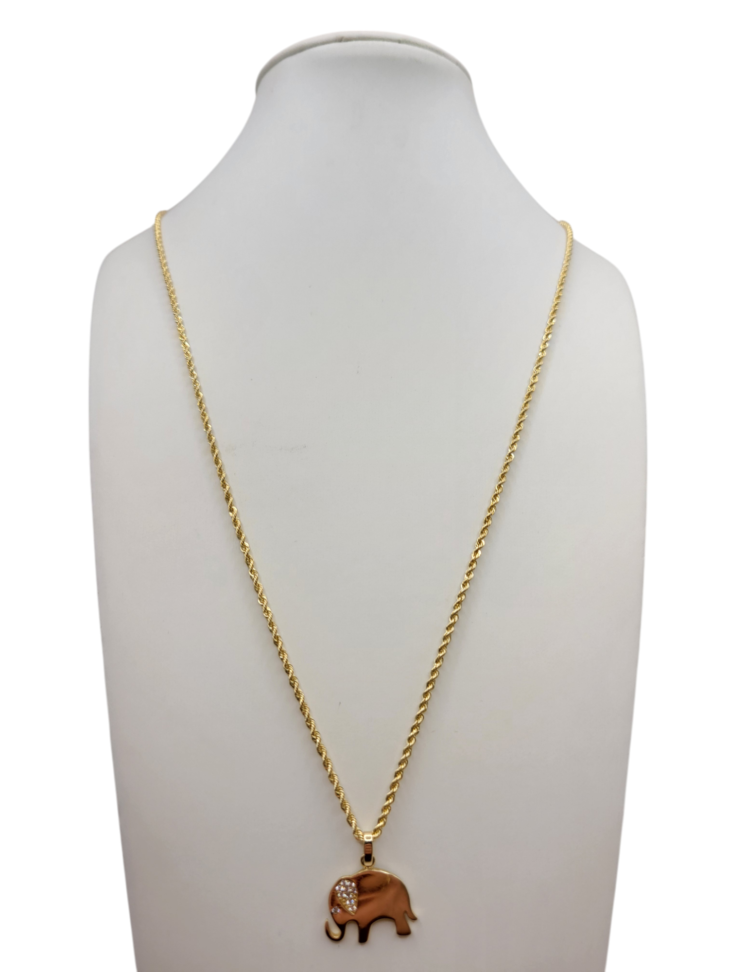 10K Gold Rope Chain. Elephant Pendant with CZ Stone. 24in. 1.5mm
