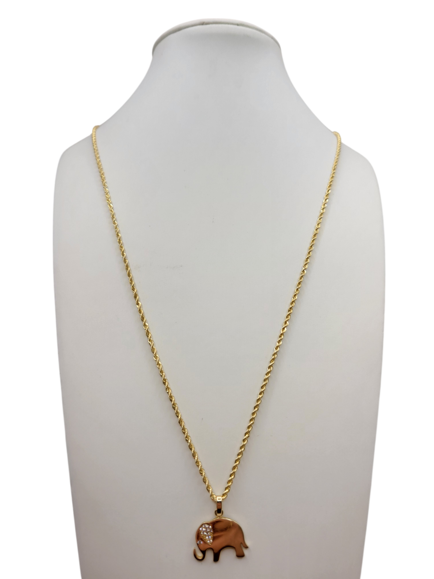10K Gold Rope Chain. Elephant Pendant with CZ Stone. 24in. 1.5mm