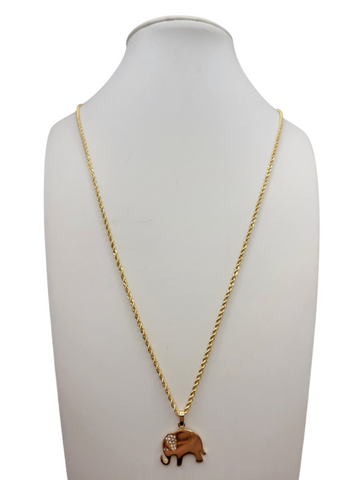 10K Gold Rope Chain. Elephant Pendant with CZ Stone. 24in. 1.5mm