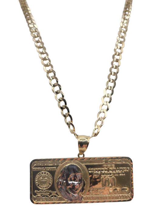 10K gold Cuban chain. $100 bill pendant. 24in . 6mm
