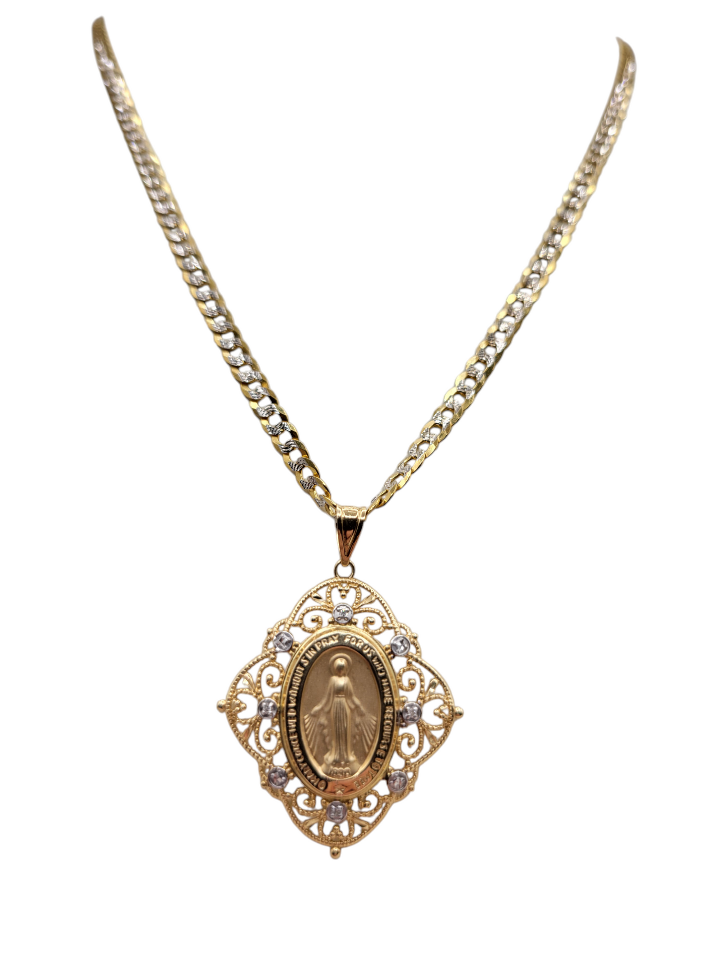 14K Gold Cuban Chain. Virgin Mary Pendant with CZ Stone. 24in. 4mm