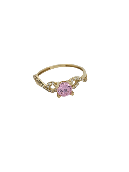 10K gold ring. Round pink stone. CZ stones. Size 8