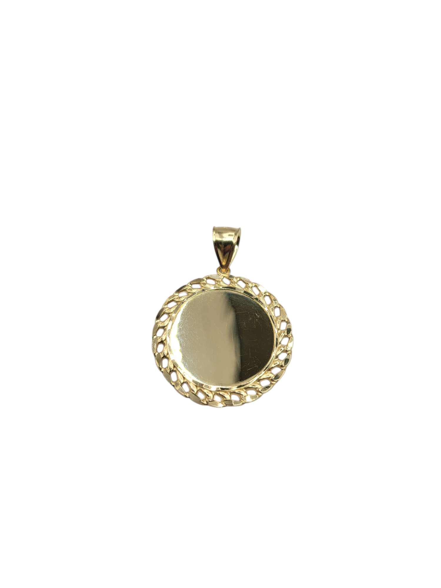 10K gold pendant. Personalized photo plate. Round with chain design around the edges.