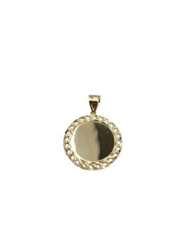 10K gold pendant. Personalized photo plate. Round with chain design around the edges.