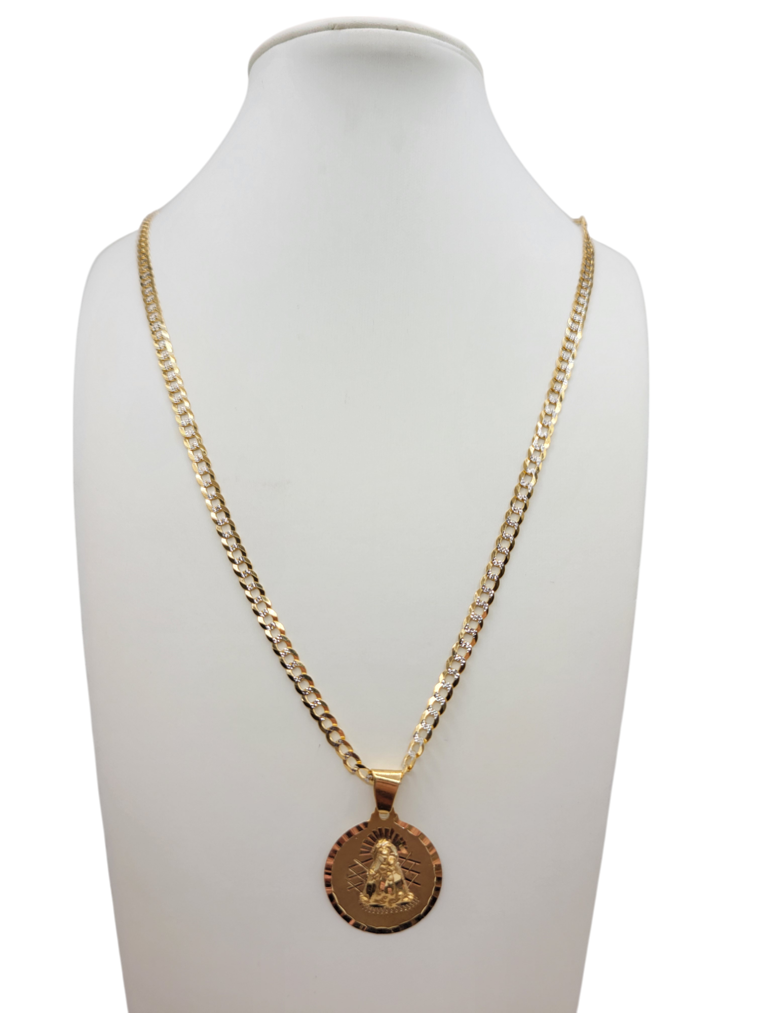 14K gold Cuban chain. Small Virgin of Charity pendant. 24in . 4mm
