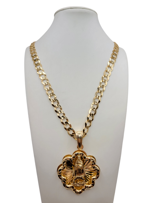 10K gold Cuban chain. Virgin of Charity pendant. 24 inches. 9 mm.