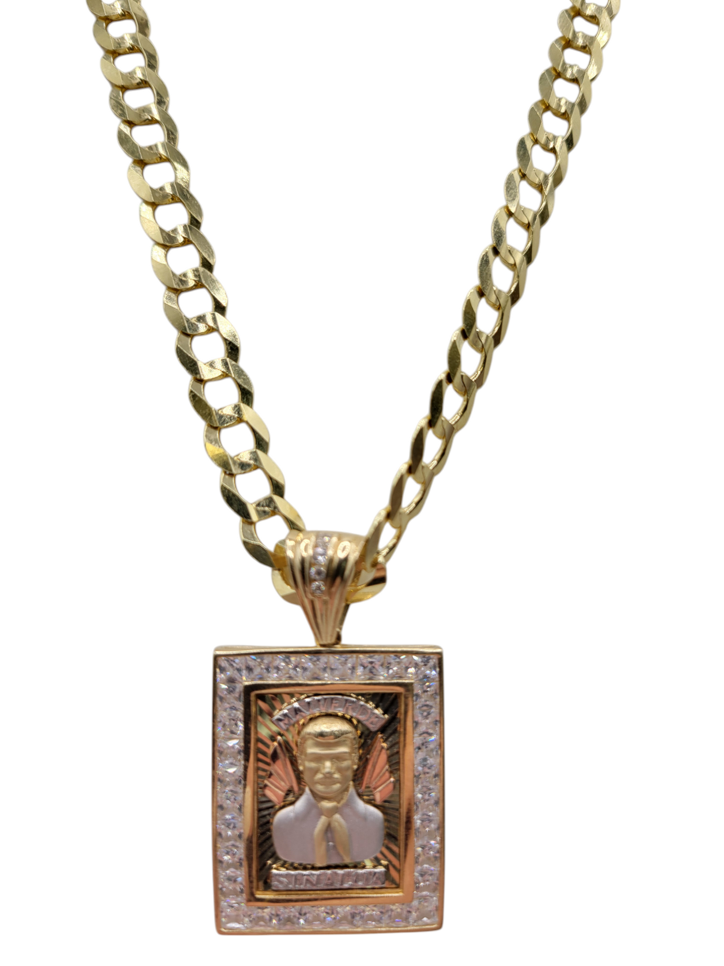 14K gold Cuban chain. Malverde pendant with CZ stone. 20in.  7mm