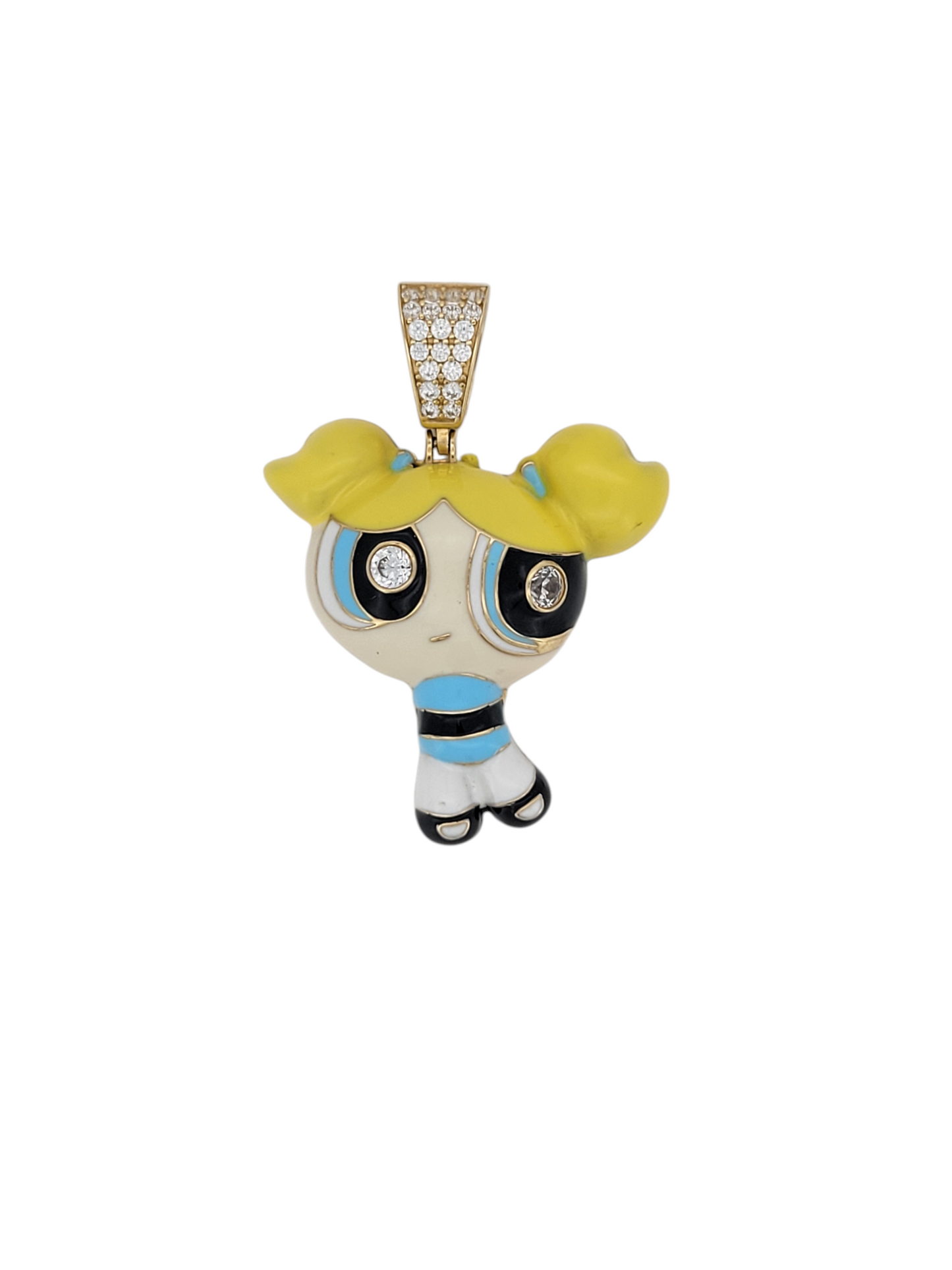 14K gold pendant. Powerpuff Girl Burbuja. CZ stone.