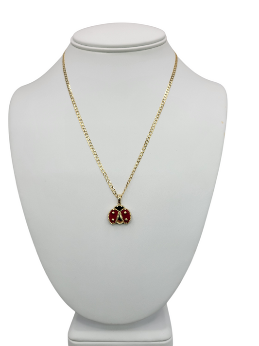 Solid 10K gold Cuban chain. Ladybug pendant. 18 in. 3mm