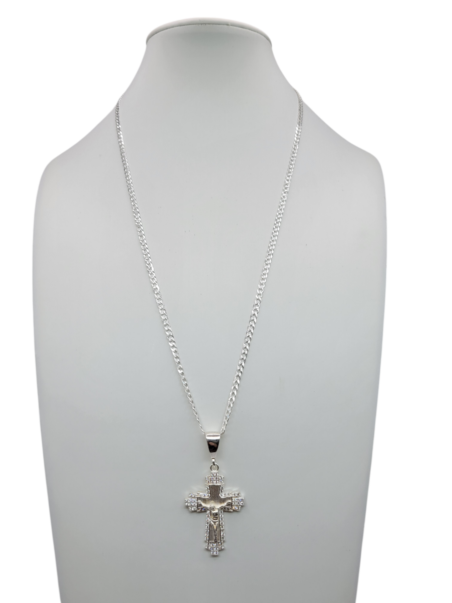 925 sterling silver chain. Jesus Christ pendant. CZ stone. 22 inches. 3 mm