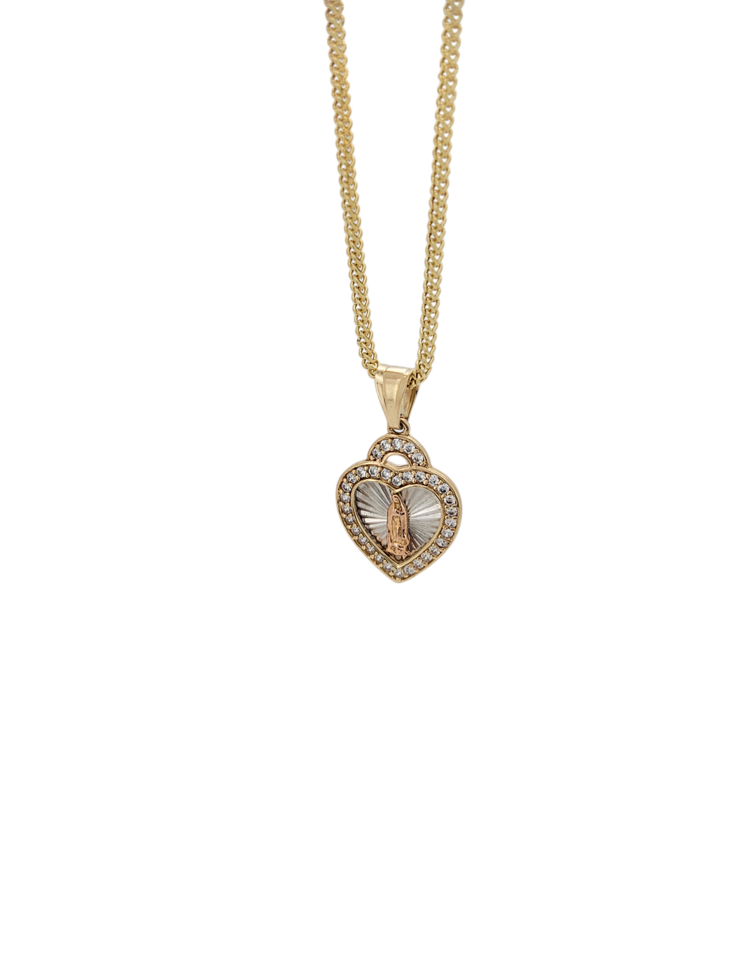 14K gold Franco chain. Heart pendant with Virgin of Guadalupe. 20in . 1.5mm
