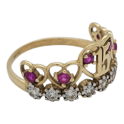 10K gold ring. Quinceañera. Hearts with pink and white CZ stones. Size 6