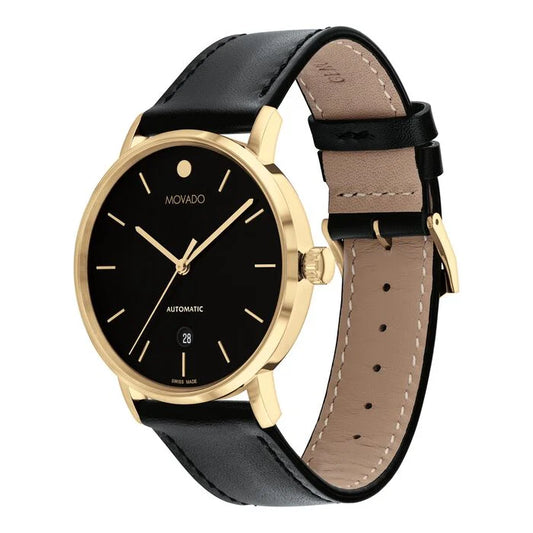 Movado Signature Automatic, 40mm Yellow PVD case, black dial with date window, sapphire crystal, Swiss Automatic movement.