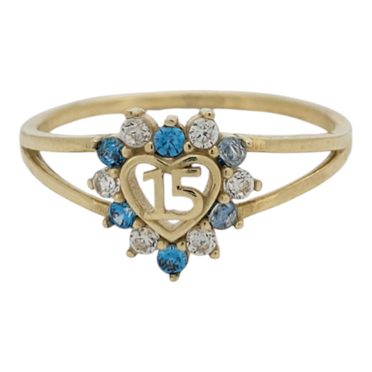10K gold ring. Quinceañera. Heart with  blue  CZ stones.