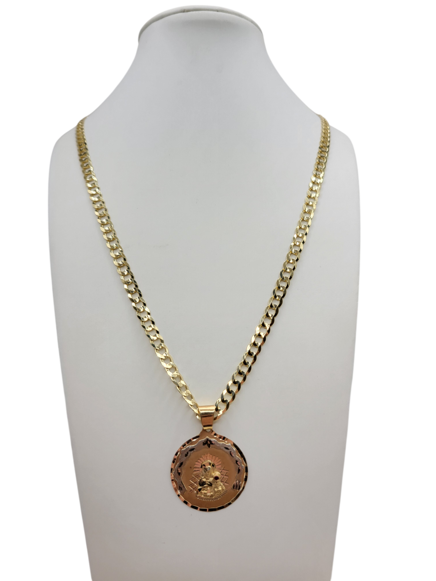 14K gold Cuban chain. Round Saint Barbara pendant. 24in . 5mm