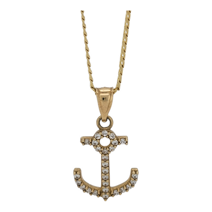 10K gold chain. Anchor pendant with CZ stone. 22in. 2mm
