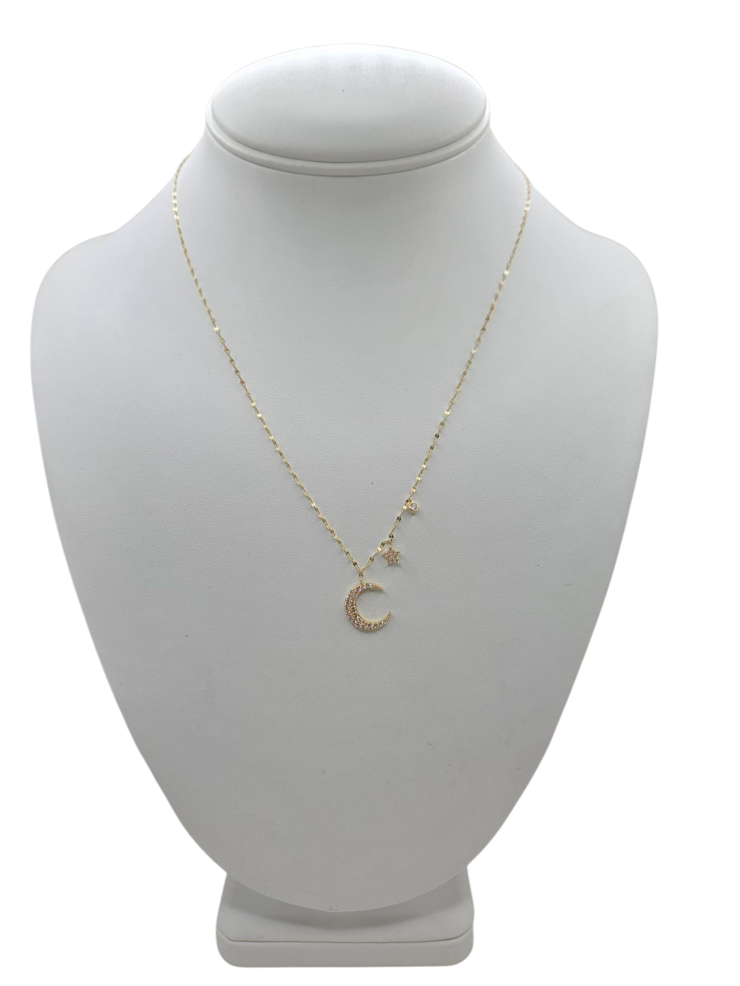 14K gold chain. moon and star.18in. 1mm.stone CZ