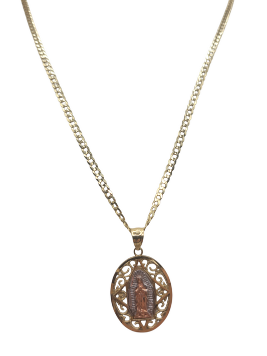 10K gold Cuban chain. Virgin of Guadalupe pendant. 18 inches. 2.5 mm.