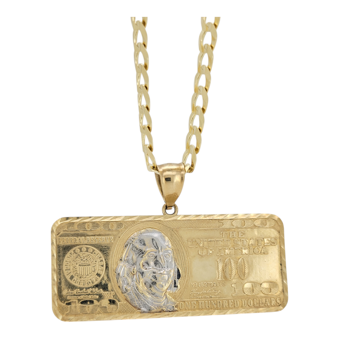 10K Gold Cuban Link Chain. Double Edge. Solid. $100 Bill Pendant. 22in . 6mm