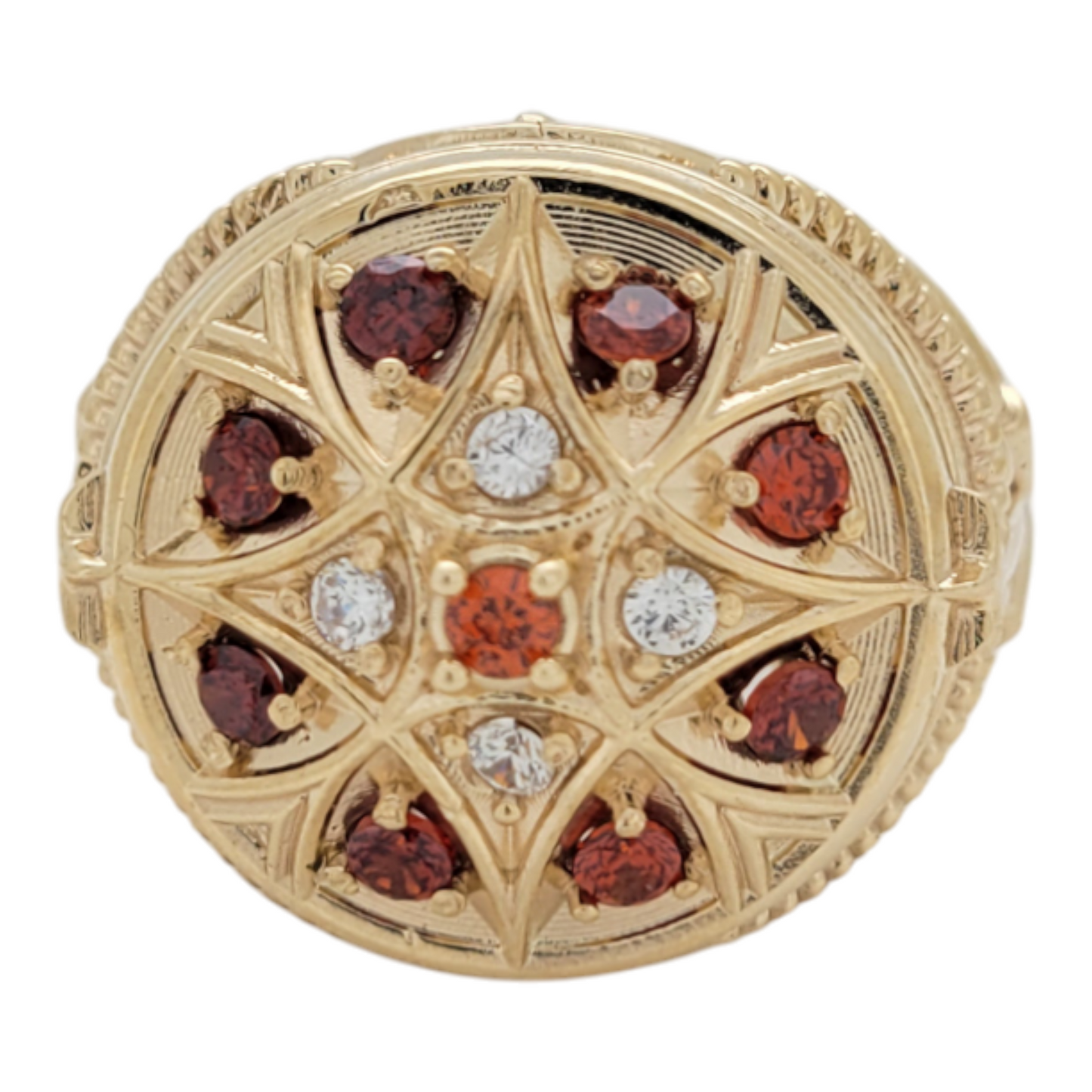 10K gold ring. Rosette. Red CZ stones. Size 11.