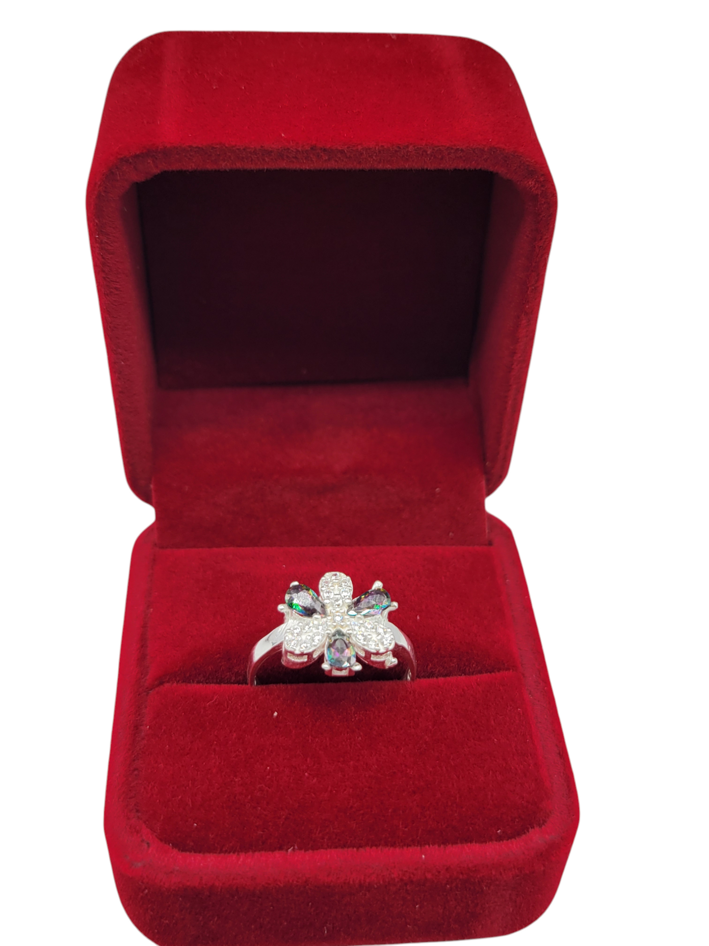 925 silver ring. Flower with a white and iridescent CZ stone. Size 7.5
