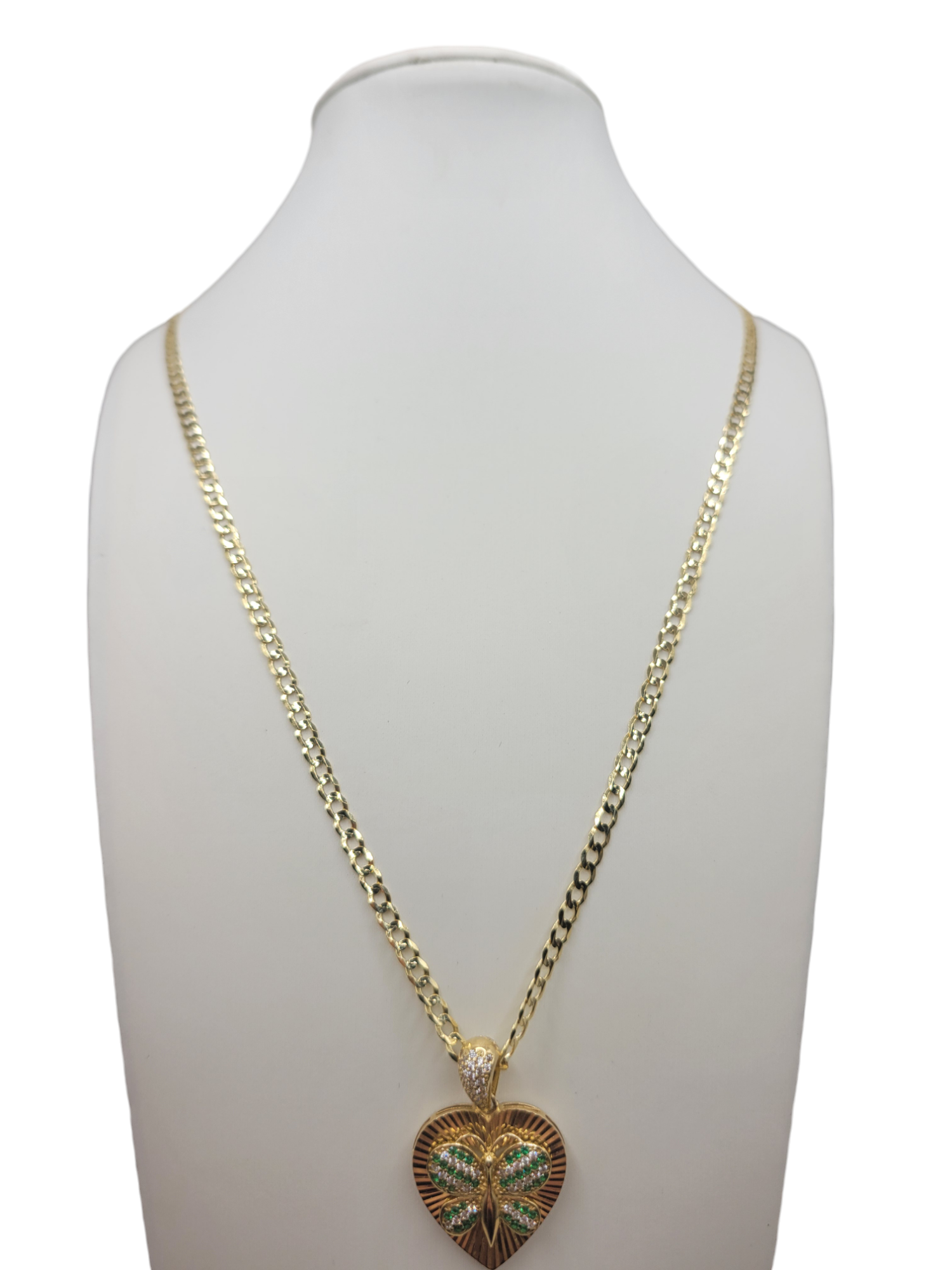 10K gold Cuban chain. Double-edged. Green heart and butterfly pendant. 22in . 3.5mm