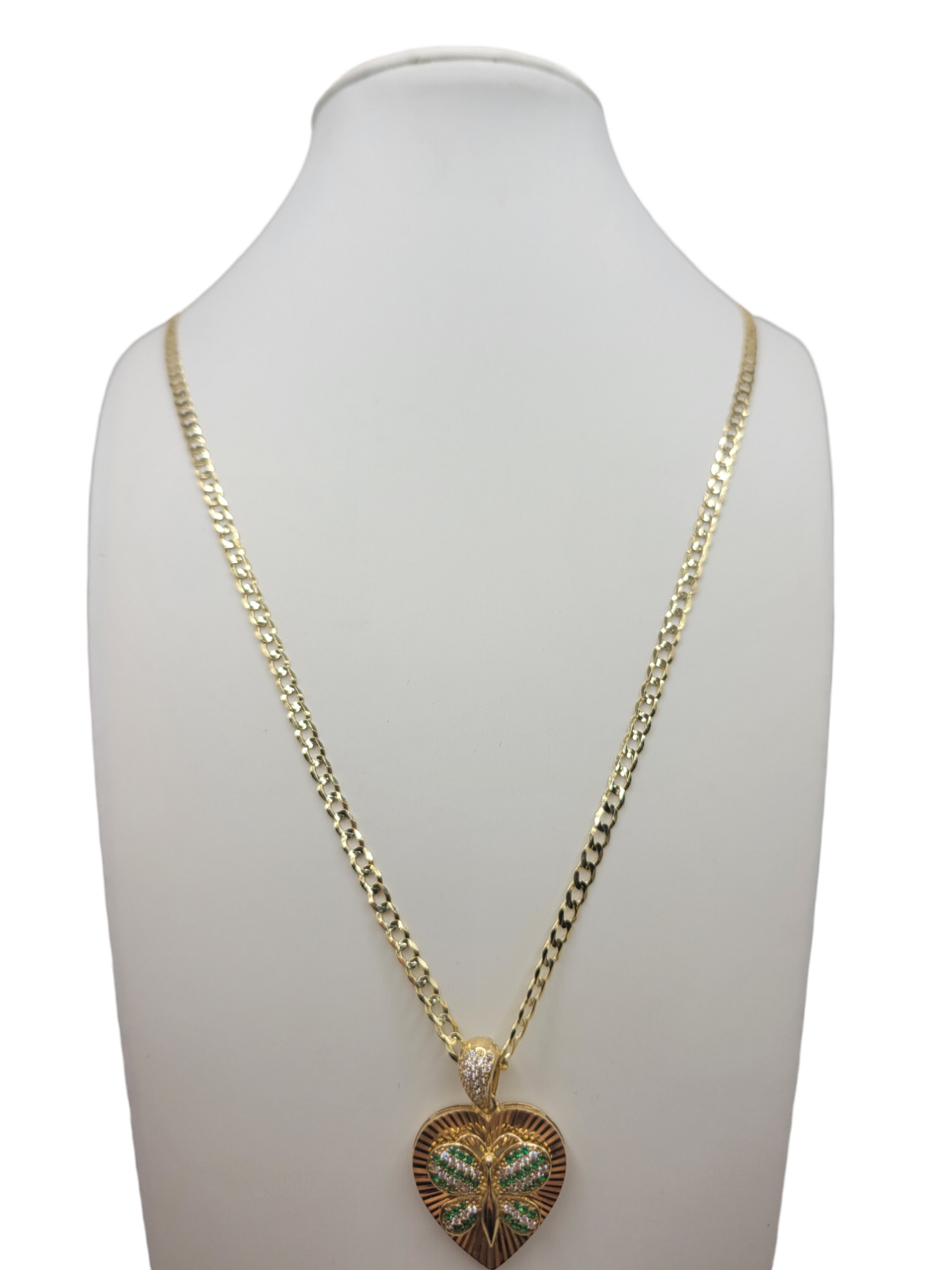 10K gold Cuban chain. Double-edged. Green heart and butterfly pendant. 22in . 3.5mm