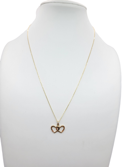 10K gold chain. Linked hearts. CZ stone. 18in. 1mm.