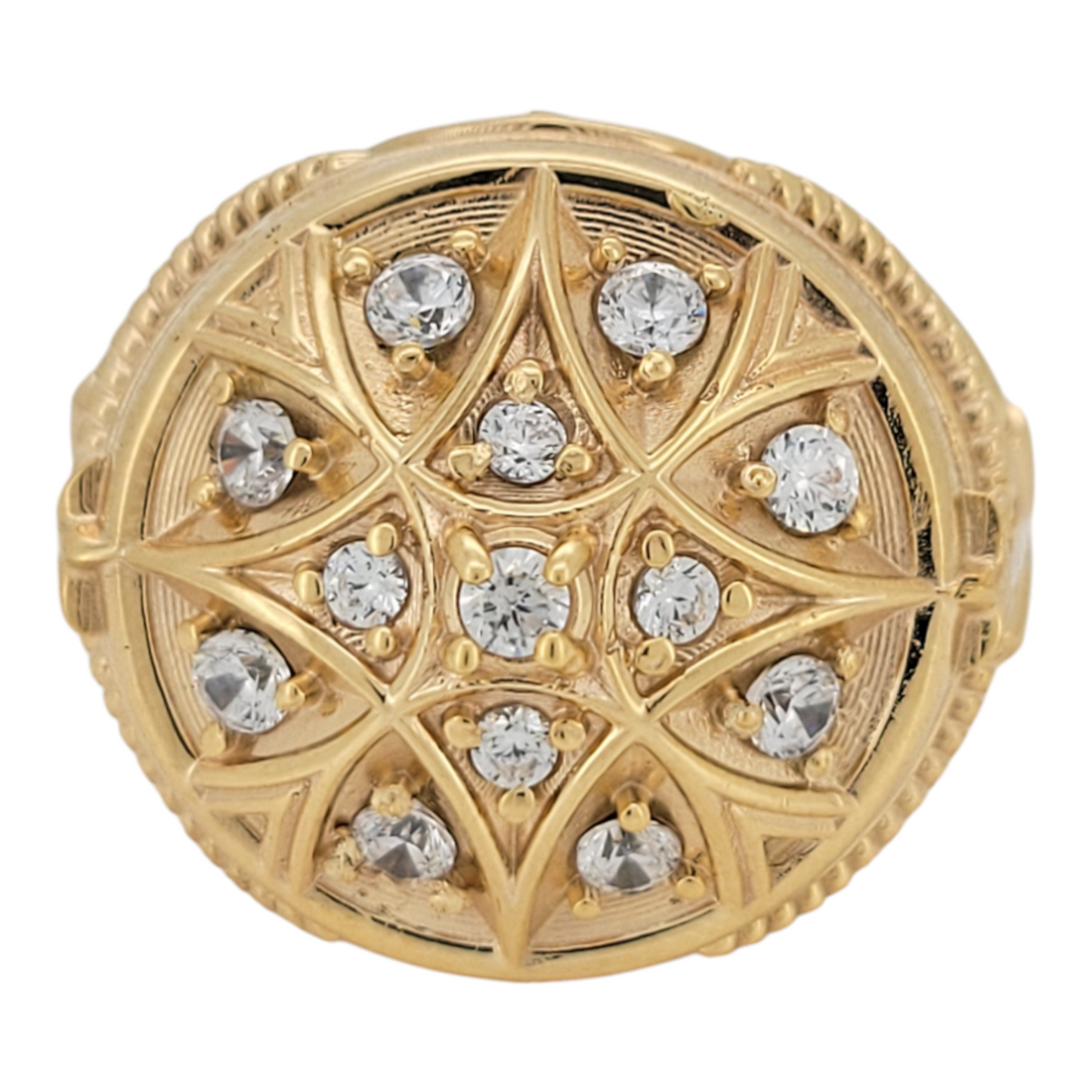 10K gold ring. Rosette. White CZ stones . Size 9