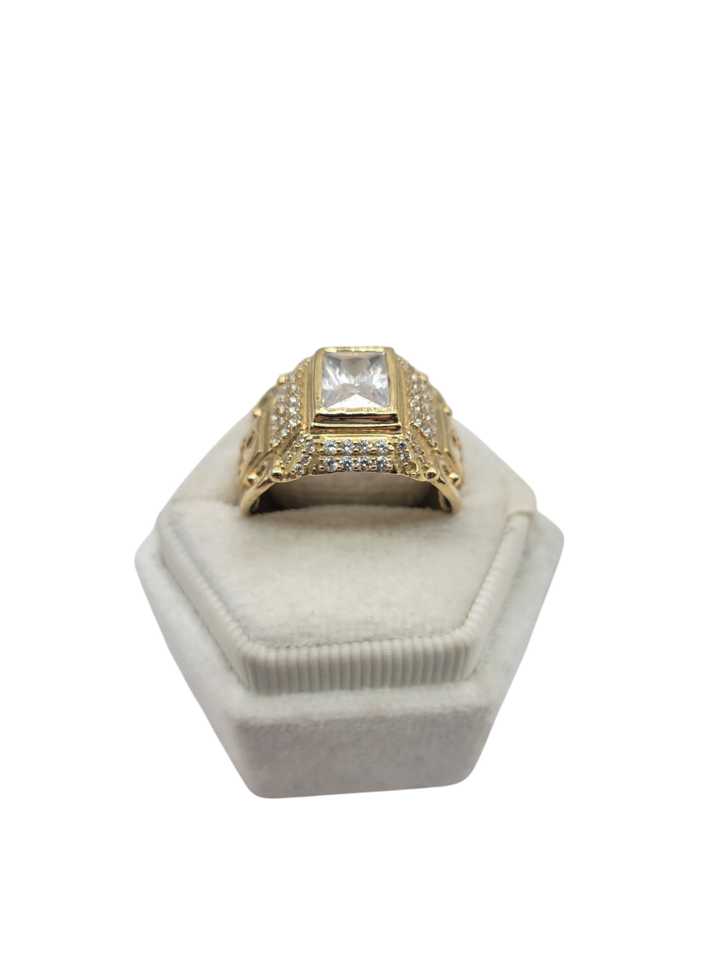 10K gold ring. Design with a white square stone. CZ stone. Size 10.5