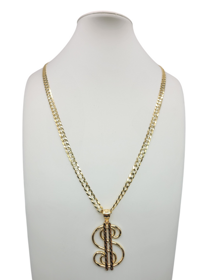 Solid 10K gold Cuban chain. Money symbol pendant. 26 inches. 6 mm.