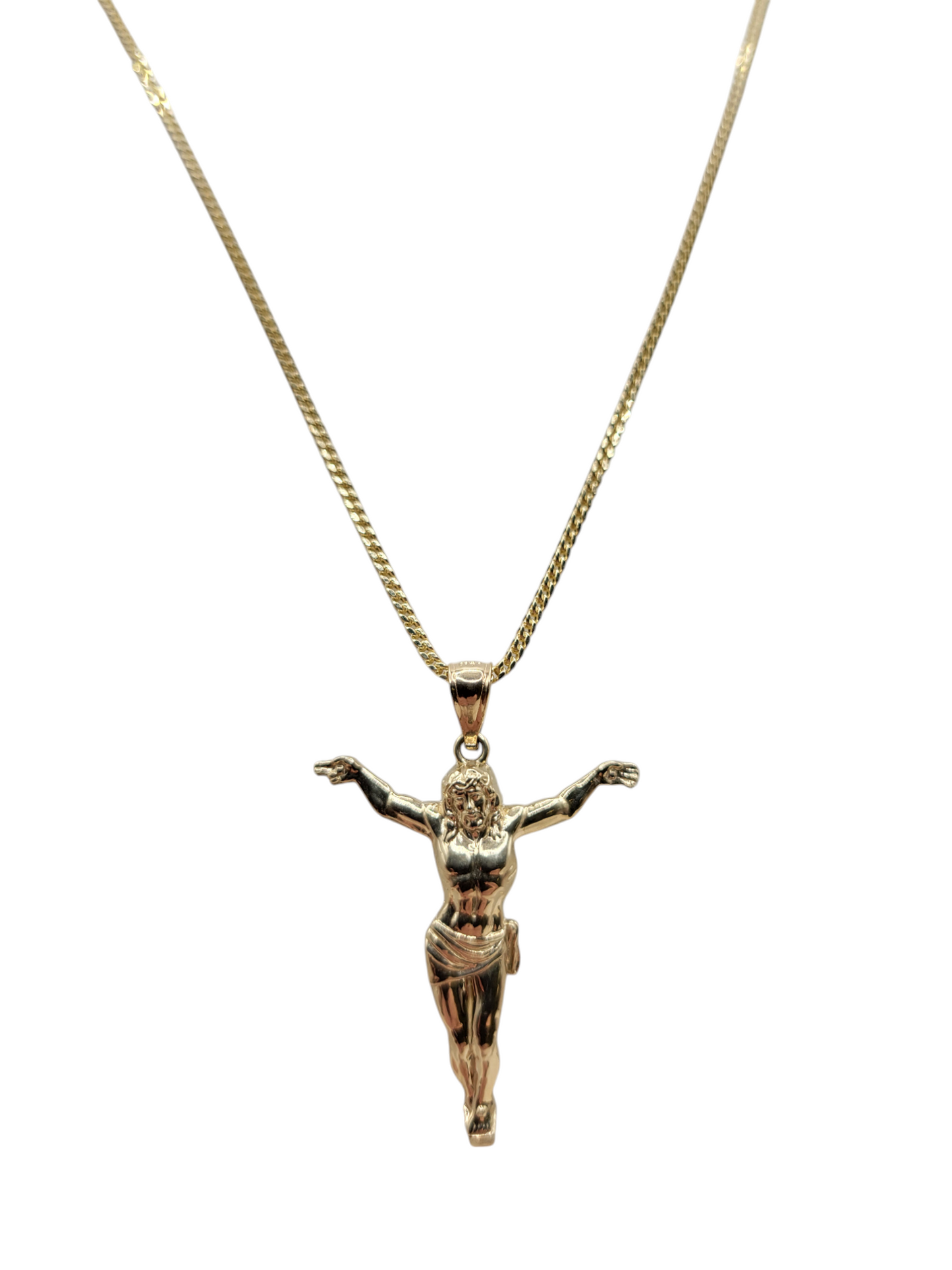10K gold Franco chain. Jesus crucified pendant. 24 inches. 1.5 mm.