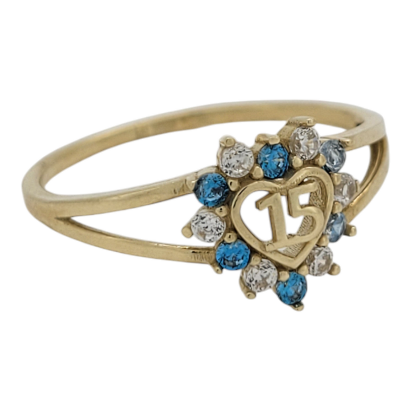 10K gold ring. Quinceañera. Heart with  blue  CZ stones.