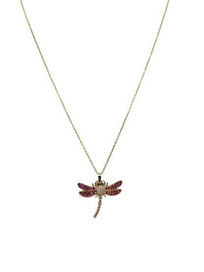 10K gold chain. dragonfly. 19in. 1mm. CZ stone