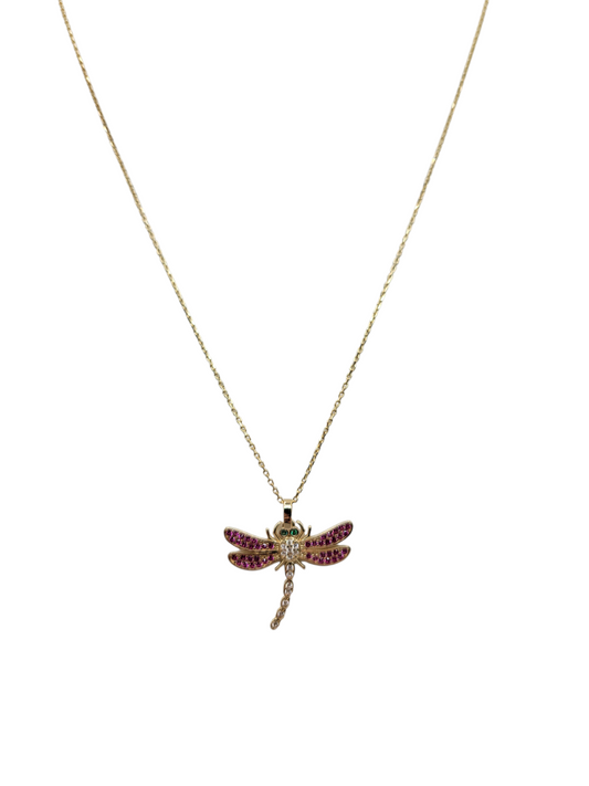 10K gold chain. dragonfly. 19in. 1mm. CZ stone