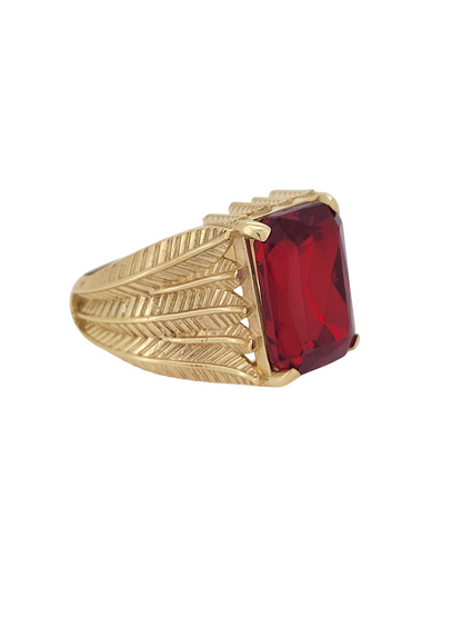 10K gold studs. Red CZ stone. Leaf design. Size 8.5