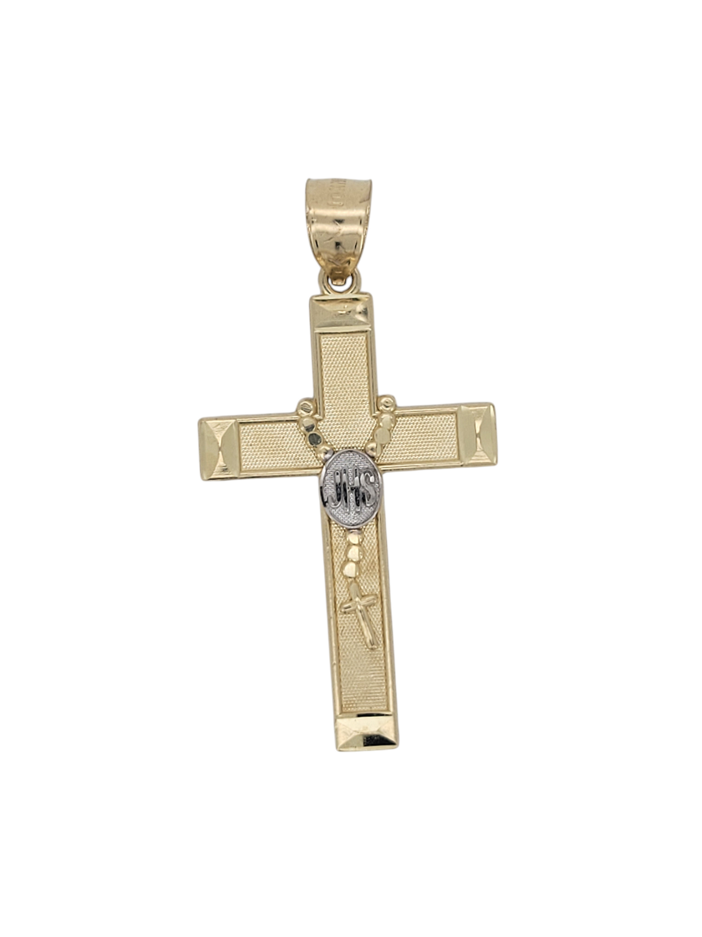 10K gold pendant. Cross with rosary hanging from it.