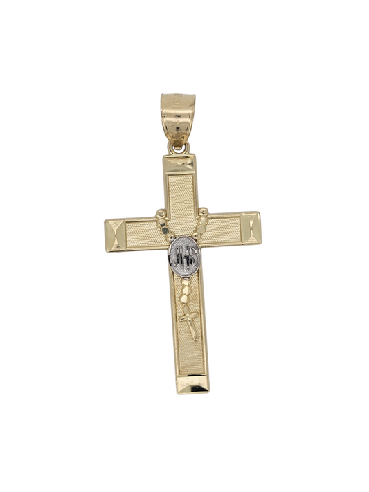 10K gold pendant. Cross with rosary hanging from it.