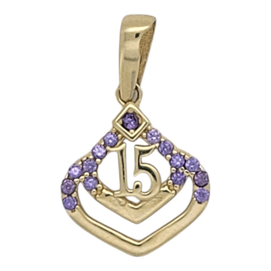 10K gold pendant. Quinceañera. Violet CZ stones.