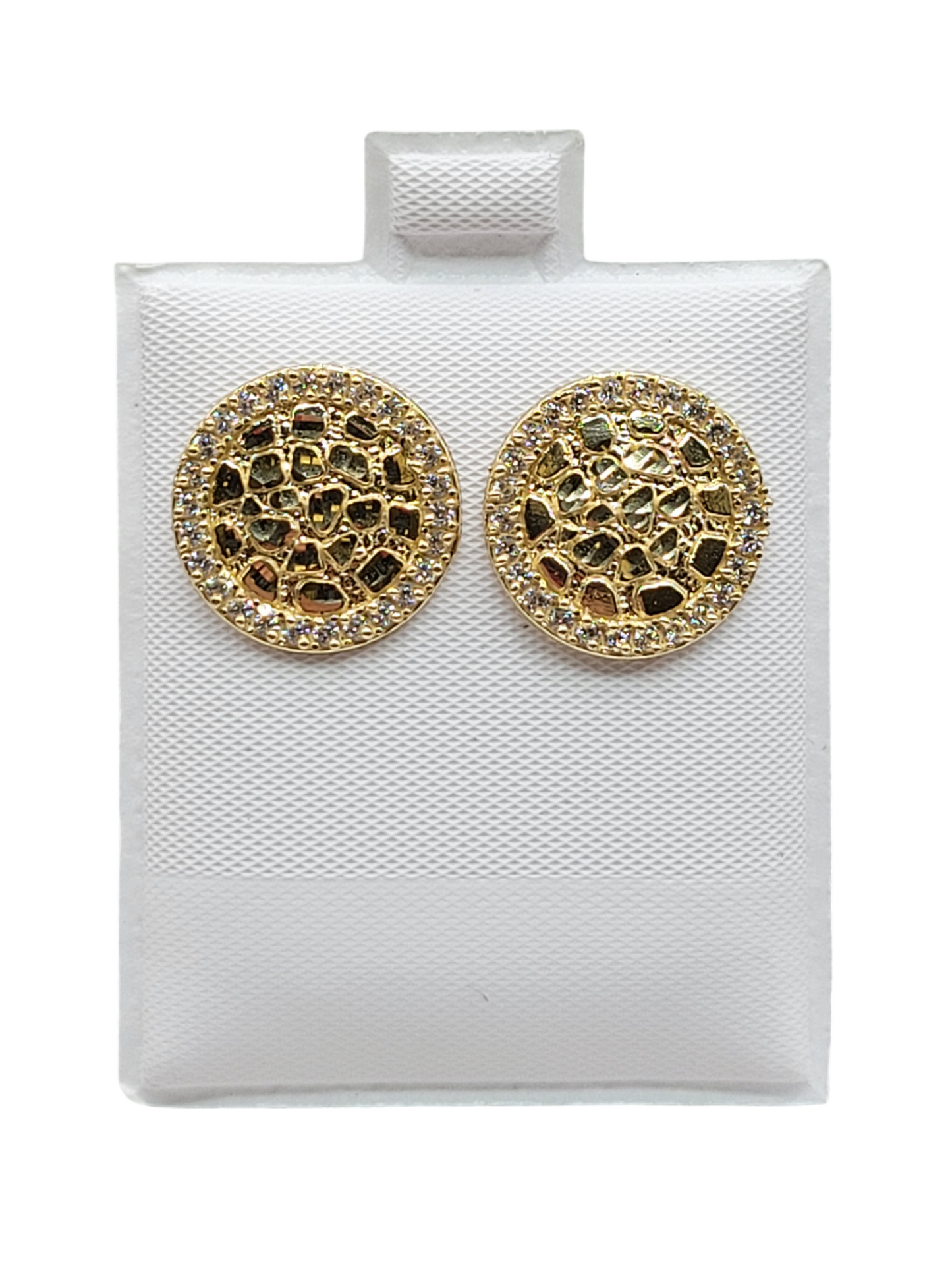 10K gold stud earrings, round nugget style, and CZ stone