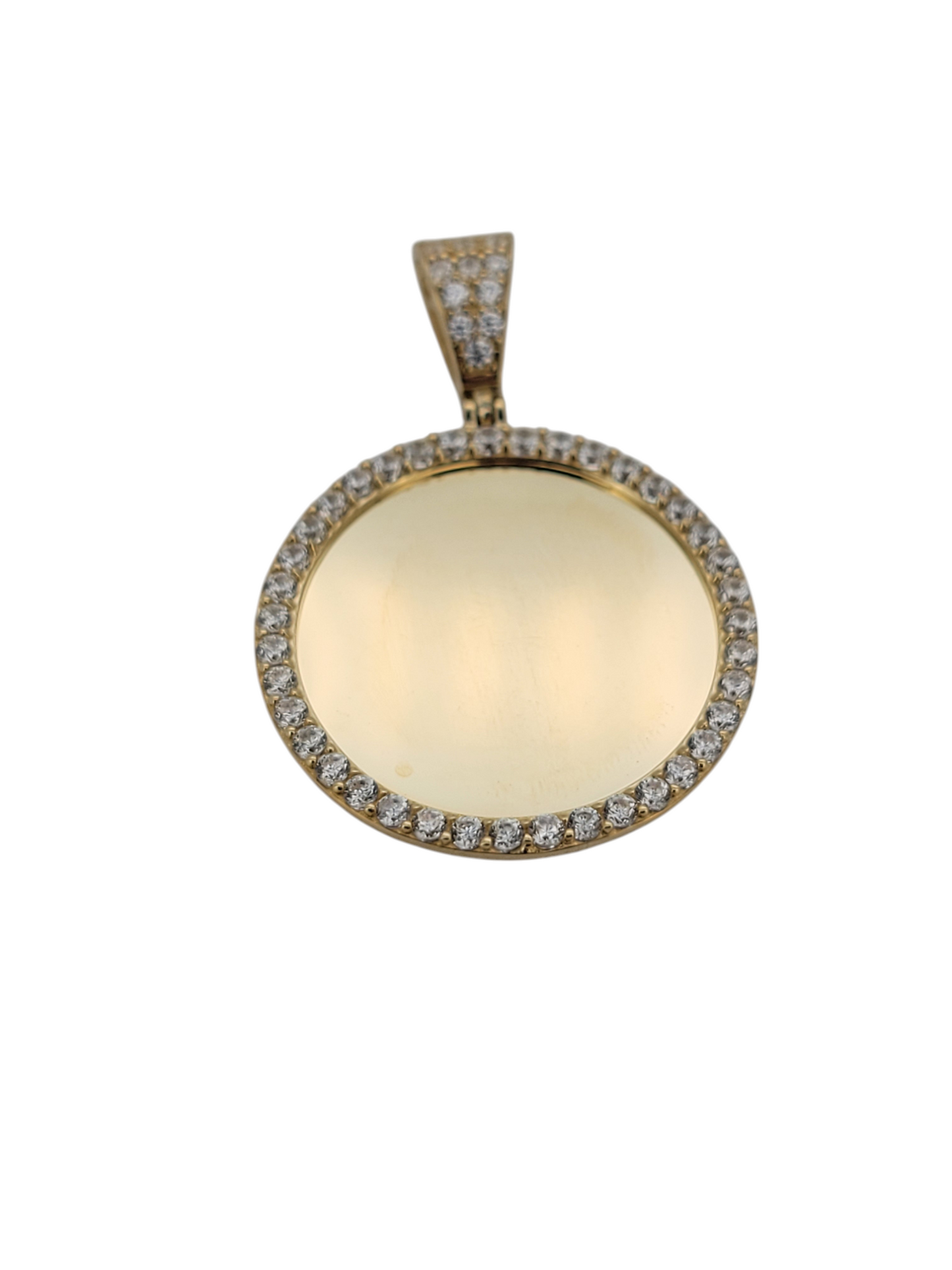14K gold pendant. Round, customizable with photos. CZ stones.