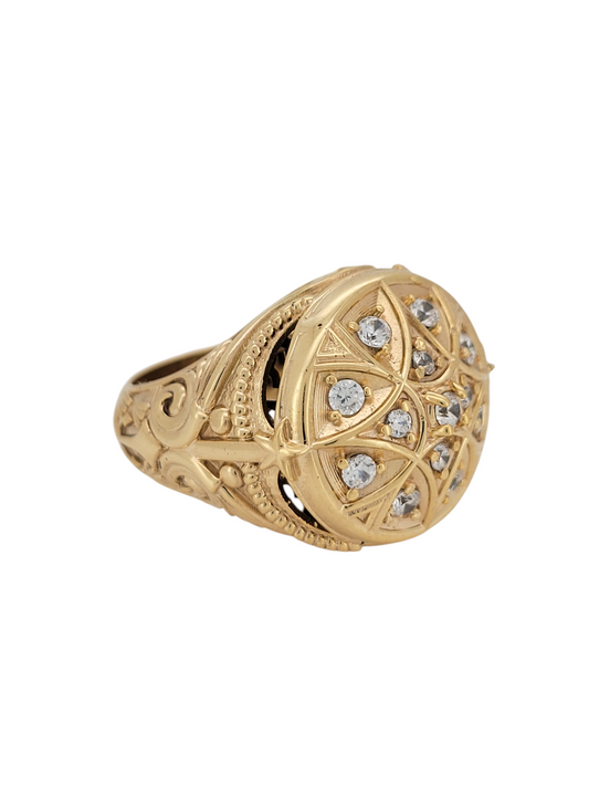 10K gold ring. Rosette. White CZ stones . Size 9