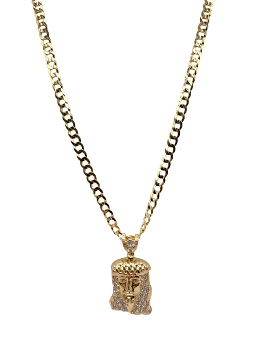 10K gold chain. Jesus Christ face pendant. CZ stone. 24 inches. 5 mm.
