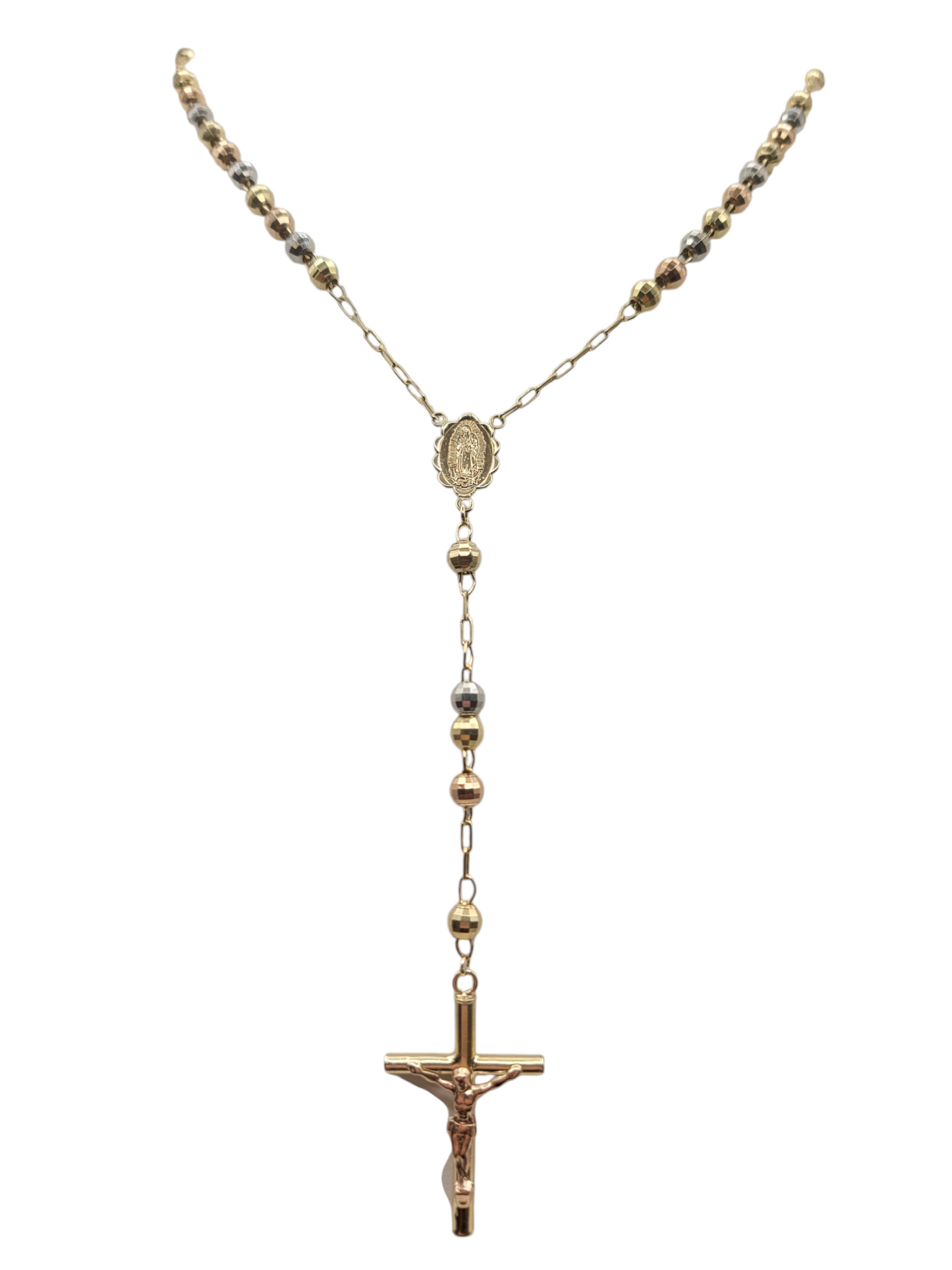 14K gold rosary, three colors. 36in . 2-4mm