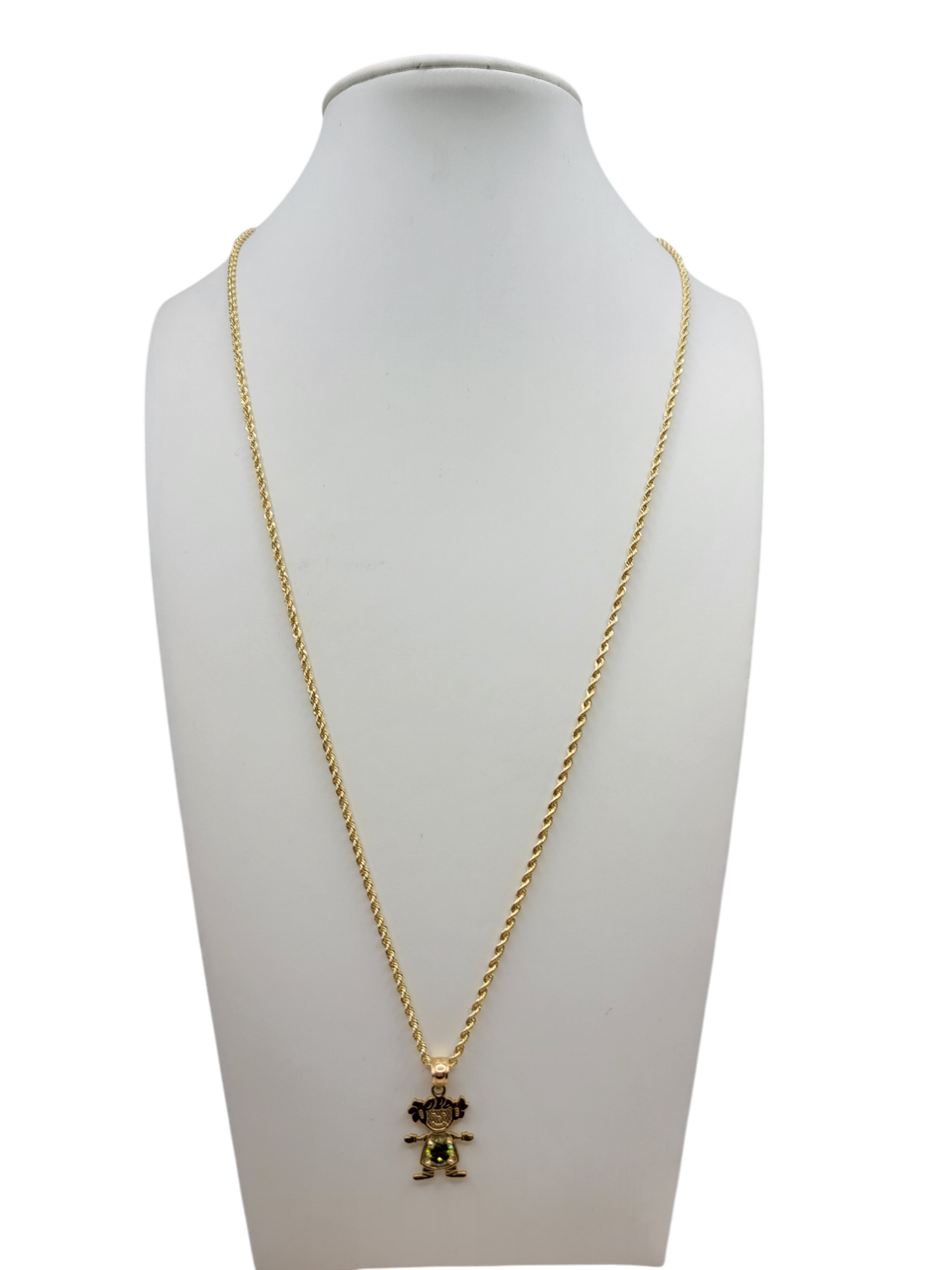 10K Gold Rope Chain. Girl's Pendant with CZ Stone. 20in. 1.5mm